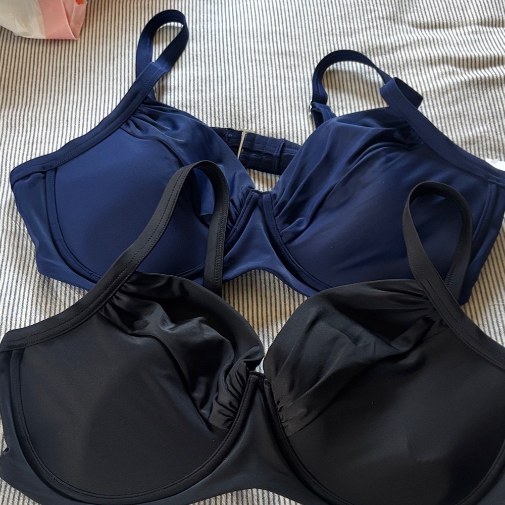 Lands' End Navy and Black Underwire Bikini Tops Sz 16